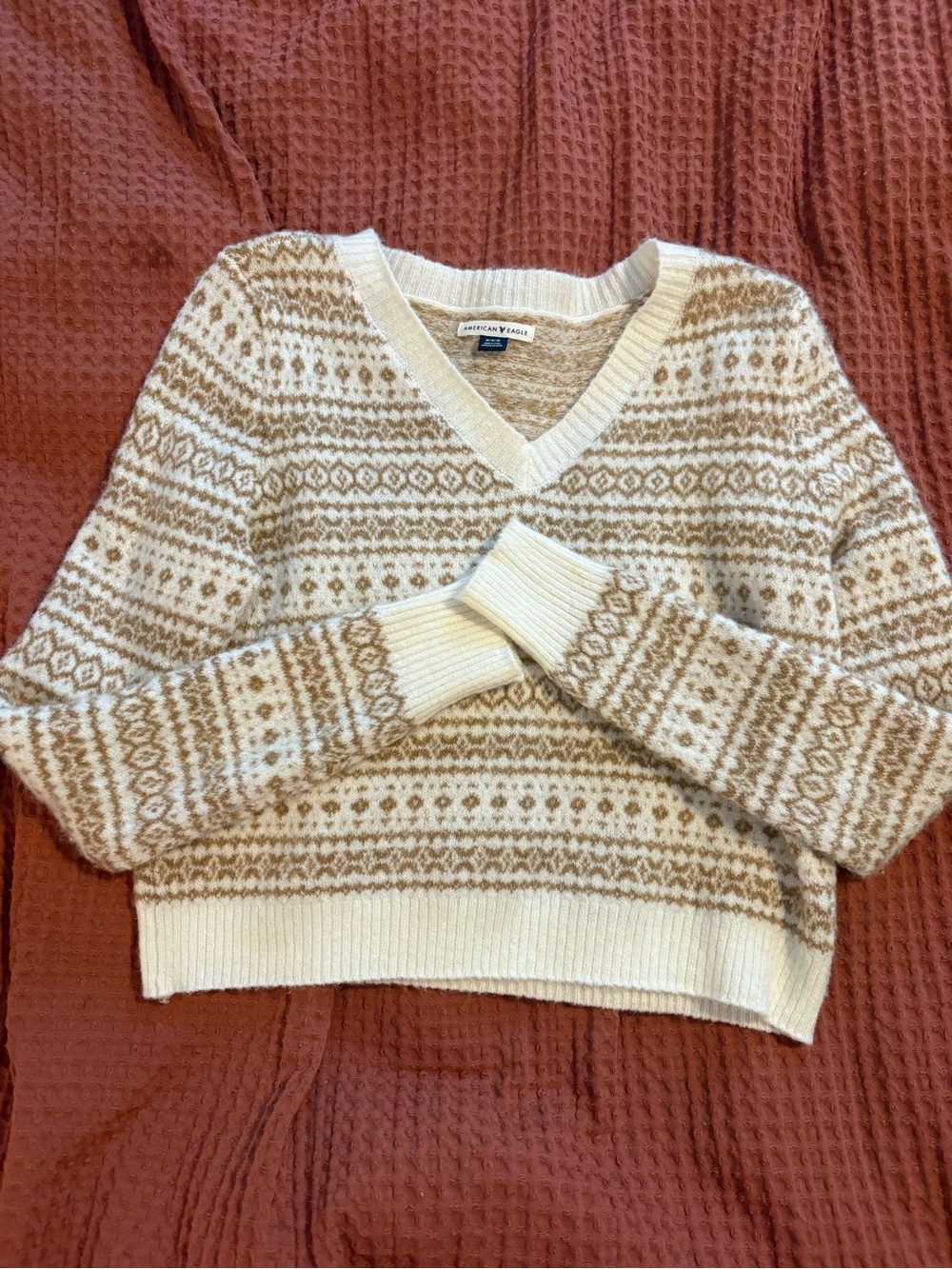 American Eagle Outfitters Cream & Tan Fair Isle V-Neck Sweater